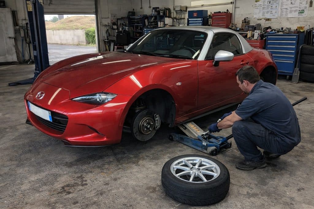 Photo réaliste d’une Mazda MX-5 ND rouge à toit argent dans un garage pro, avec un mécano en train de changer une roue, prise façon smartphone en lumière naturelle