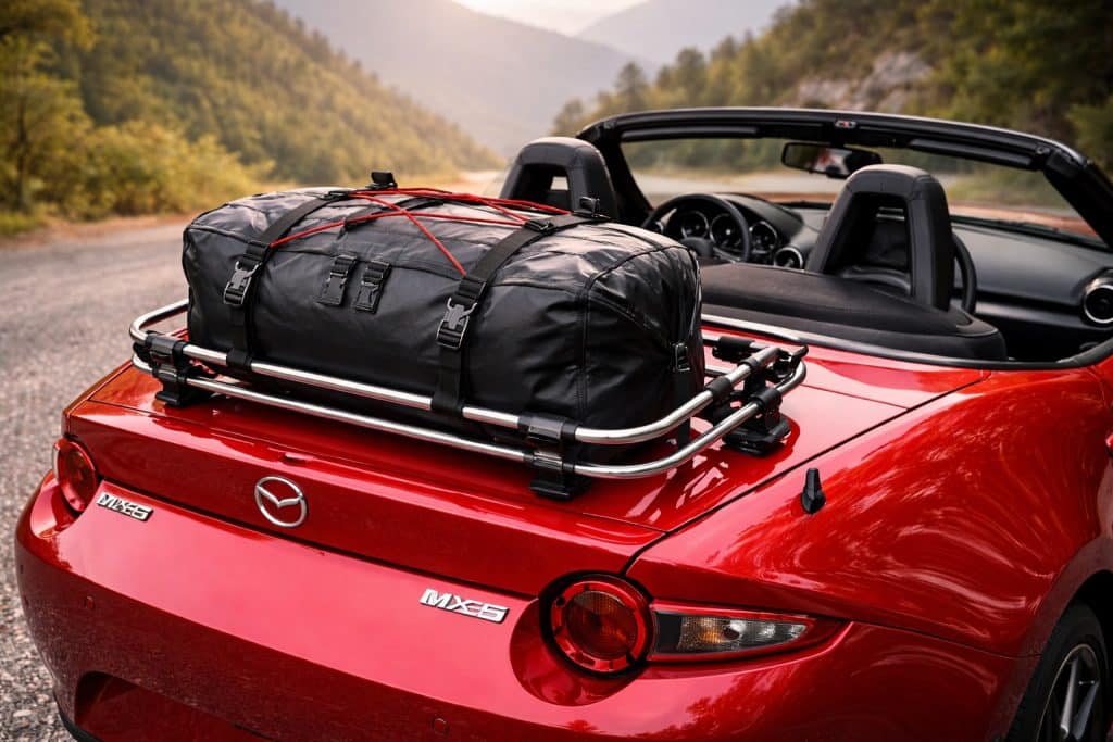 Porte-bagages aluminium monté sur Mazda MX-5 ND, vue arrière, finition noire, idéal pour augmenter la capacité de chargement sans modifier la ligne du roadster