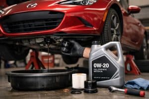 Vidange Mazda MX-5 en atelier avec voiture sur chandelles, huile qui s’écoule dans un bac et remplacement du filtre à huile