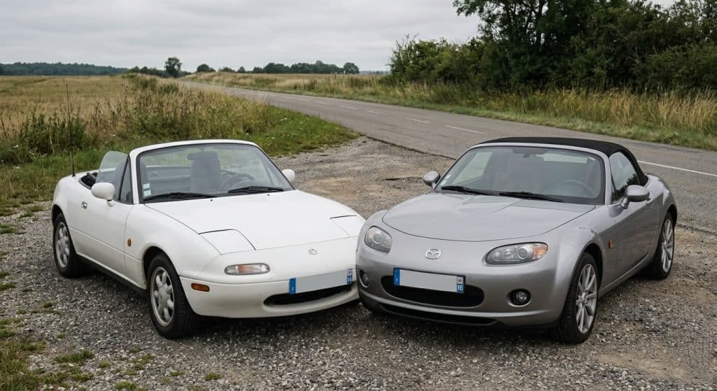 Comparaison de deux générations de Mazda MX-5 : une NA blanche (première génération) et une NC argentée (troisième génération) garées côte à côte en France.