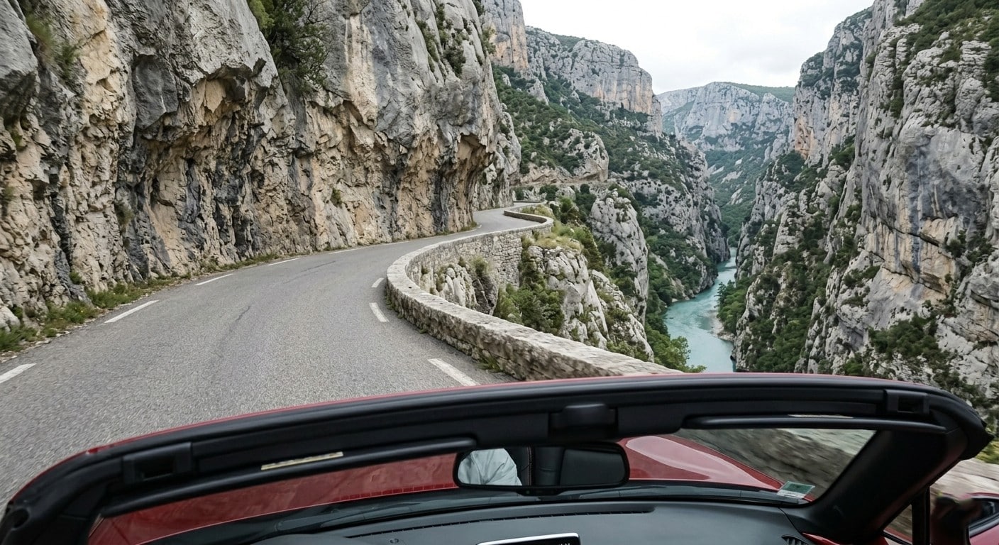 Vue depuis le siège passager d'une Mazda MX-5 ND rouge décapotée dans les Gorges du Verdon
