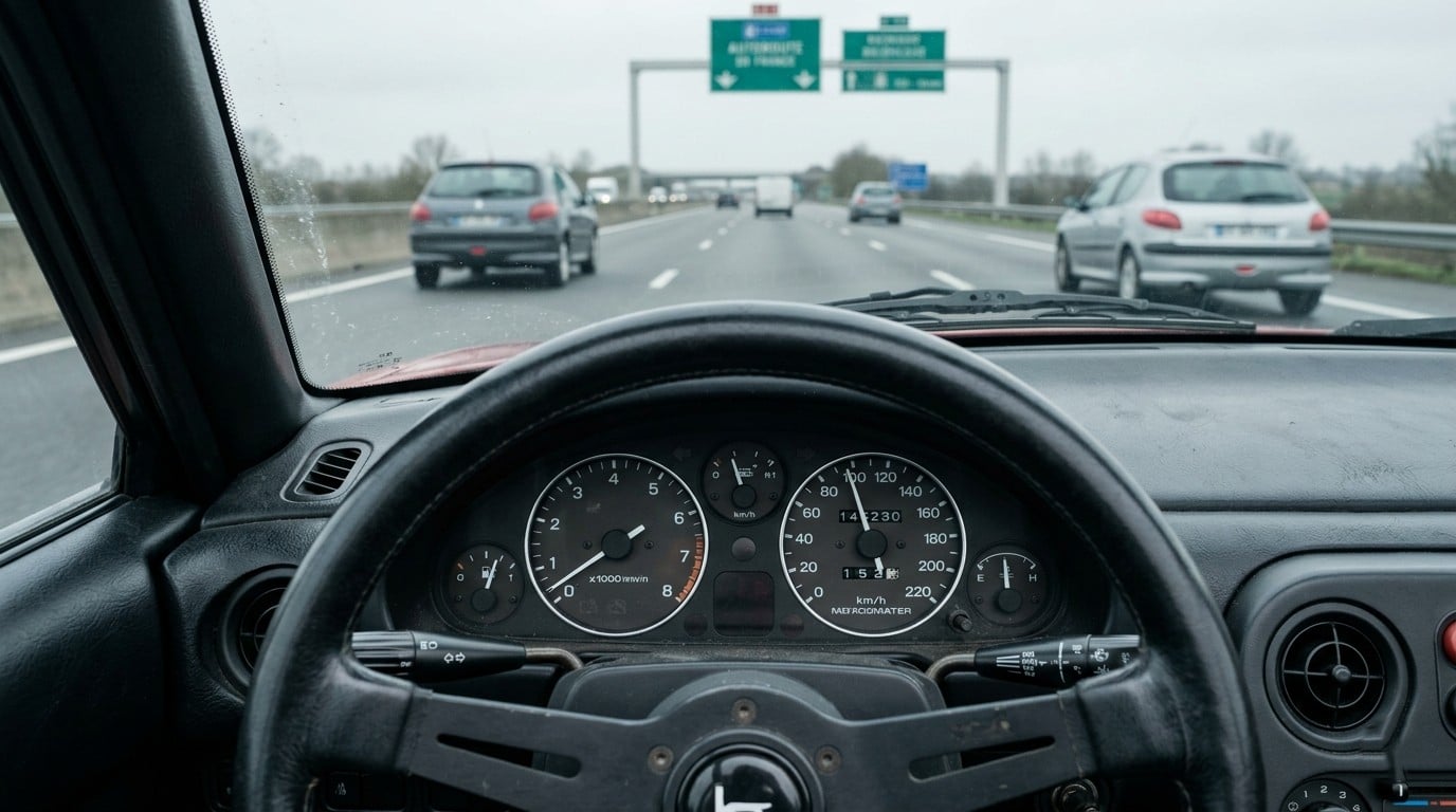 Vue intérieure brute d'une Mazda MX-5 NA roulant à 100 km/h sur autoroute par temps gris, tableau de bord vintage et compteur de vitesse