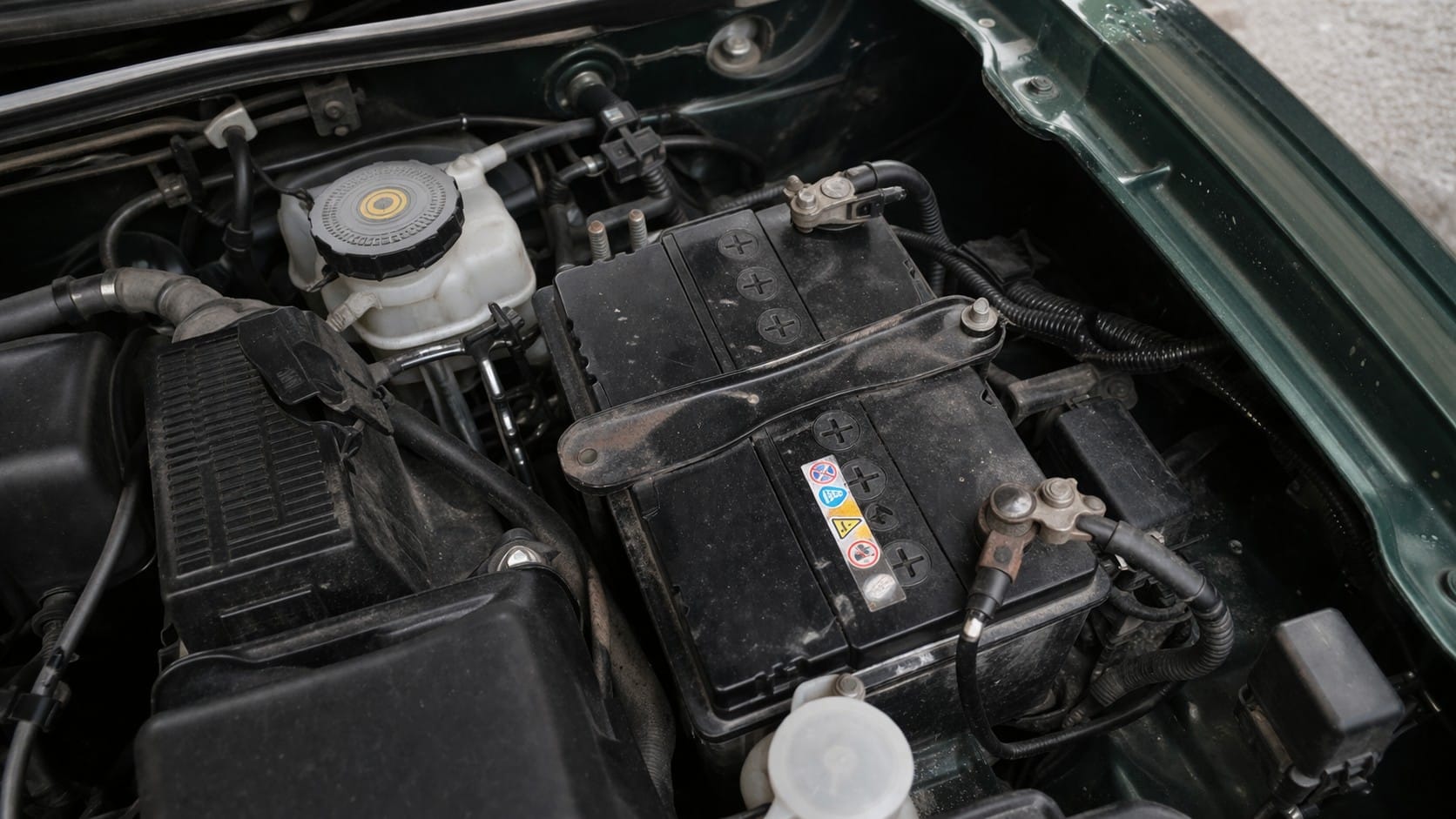 Batterie de Mazda MX-5 dans le compartiment moteur avec cosses et support métallique