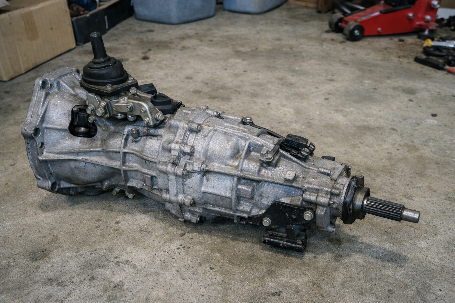 Boîte de vitesses Mazda MX-5 manuelle démontée dans un atelier, vue détaillée de la transmission avec carter, sélecteur et arbre de sortie