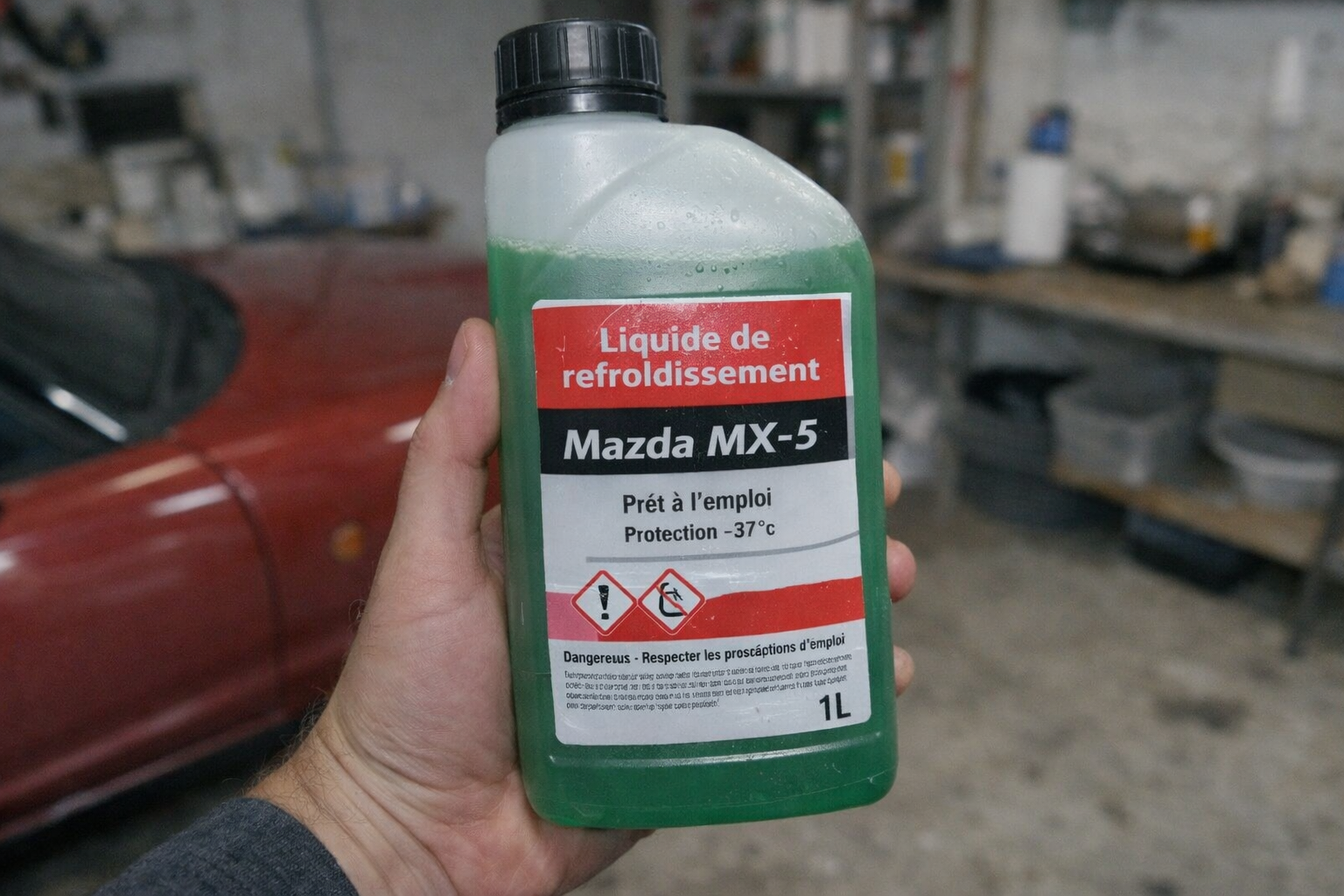 Bidon de liquide de refroidissement Mazda MX-5 prêt à l’emploi 1 litre, photographié à la main dans un garage avec une Mazda MX-5 rouge floue en arrière-plan, style photo réaliste Panasonic GH4