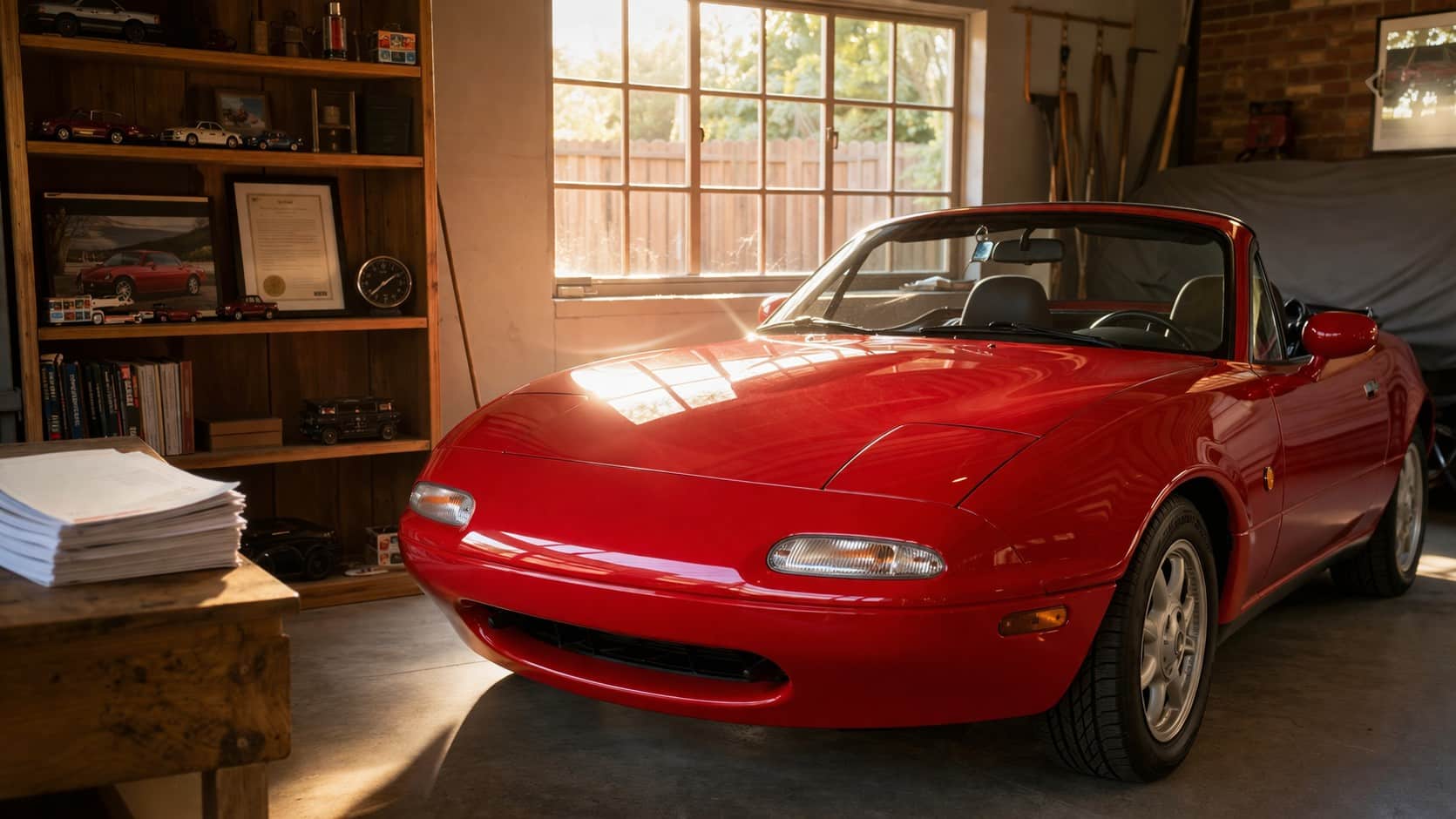Mazda MX-5 NA rouge dans un garage privé avec des documents d'entretien, illustrant l'importance du suivi historique à l'achat