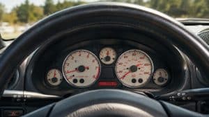 Photo format 16/9 montrant le compteur kilométrique d’une Mazda MX-5 d’occasion, vue conducteur sur tableau de bord avec cadrans blancs, aiguilles rouges et kilométrage visible, en lumière naturelle ensoleillée.