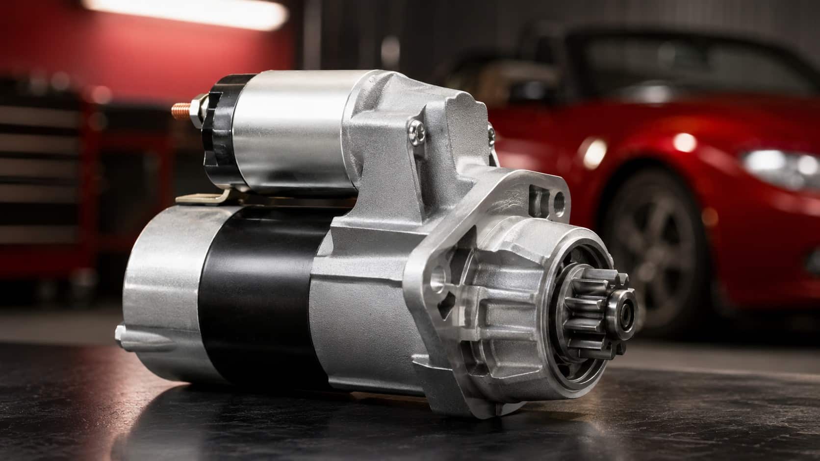 Démarreur Mazda MX-5, pièce moteur métallique neuve, pignon visible, atelier automobile professionnel, voiture rouge floue en arrière-plan, photo commerciale premium 2026, format 16:9