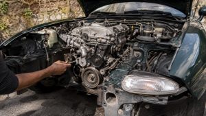 Moteur de Mazda MX-5 NA vert foncé partiellement démonté, capot ouvert et face avant déposée, mécanicien contrôlant la poulie de vilebrequin et la zone du nez court sur moteur B6, courroies accessoires retirées, poulies et carter frontal visibles, compartiment moteur ancien avec câblages, durites et traces d’usage, photographie documentaire en extérieur sous soleil naturel, cadrage grand-angle 24–28 mm, Canon EOS R6, août 2026
